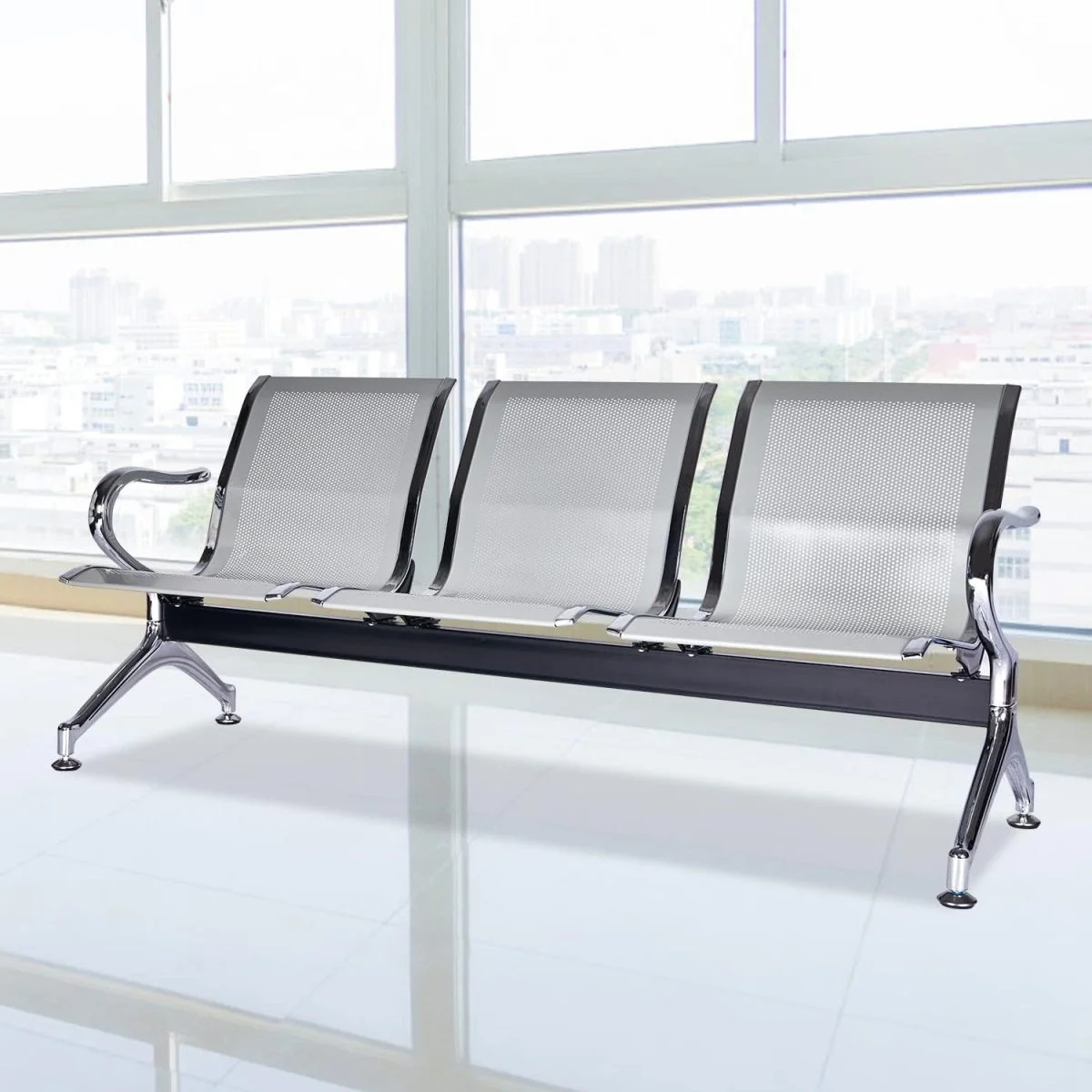 Three link metallic office waiting bench - Image 2