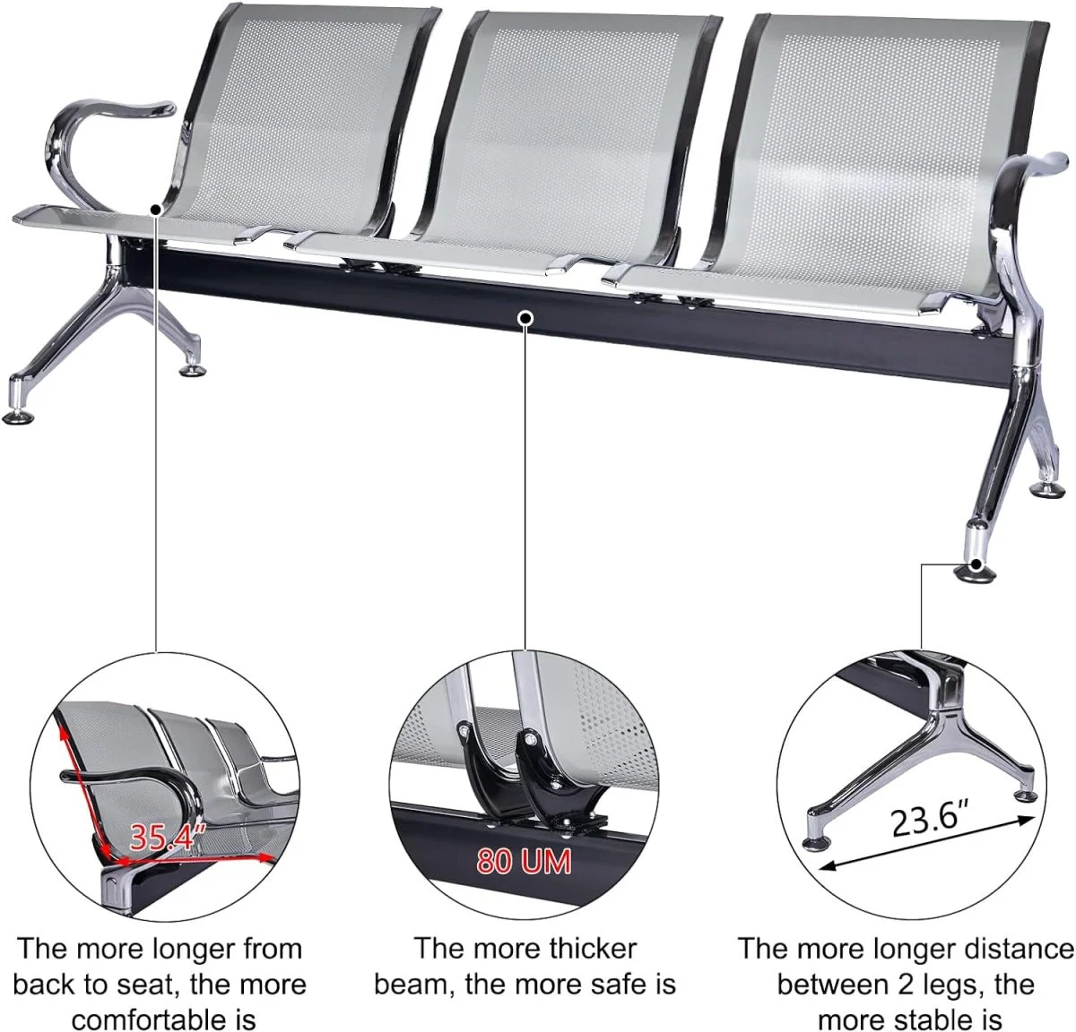 3-Link metallic office waiting bench - Image 4